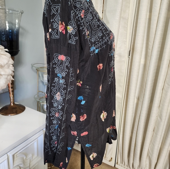 JohnnY Was Biya Inka silk blouse lack embroidered long sleeve split tie neck S - Picture 9 of 10